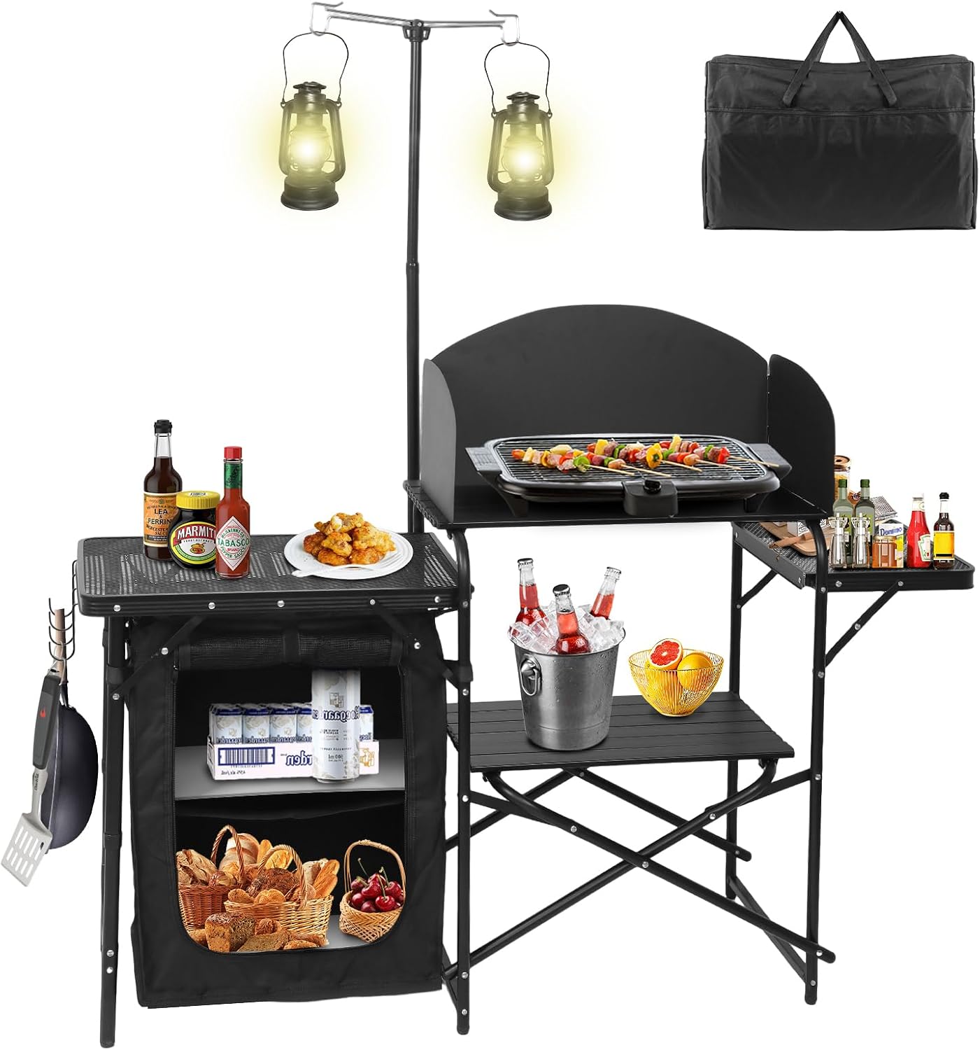 Camping Cooking Table With Windshield - Stazione da Cucina Portatile Pieghevole per